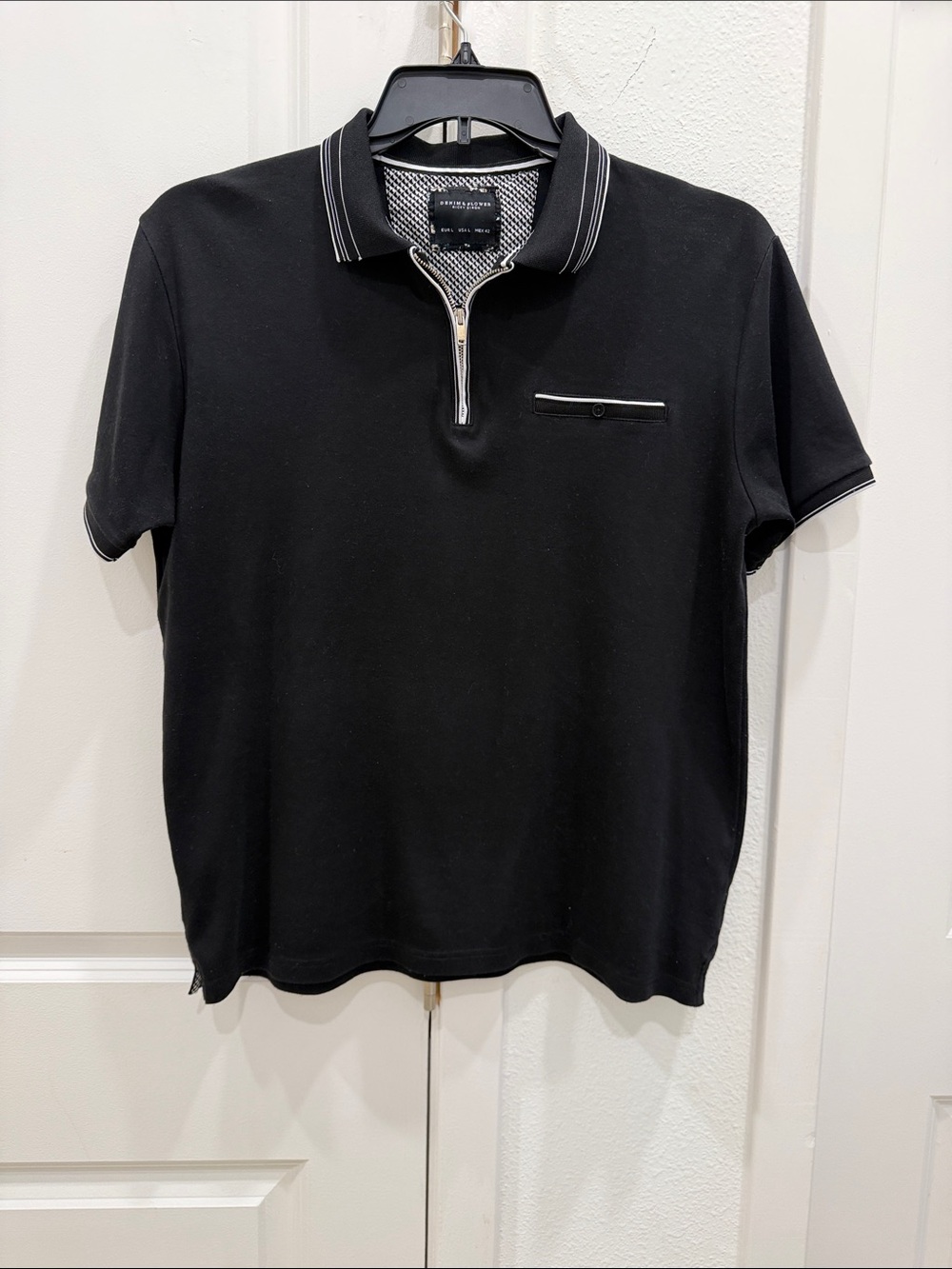 Denim & Flower Black Polo with Contrast Trim
